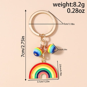 Detailed view of rainbow keychain with dimensions in inches and centimeters