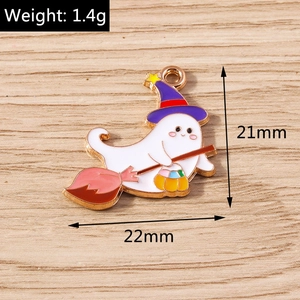 Detail of 21x22mm enamel ghost pendant with purple wizard hat and pumpkin basket