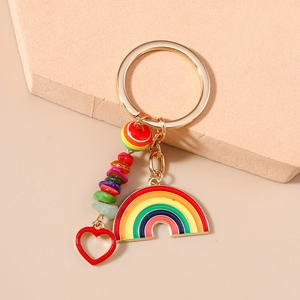 Detailed view of rainbow enamel pendant and colorful stone beads on golden keychain