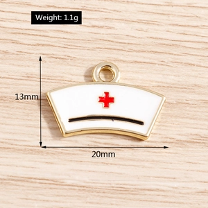 Detail showing white enamel nurse hat pendant with red cross and dimension markings