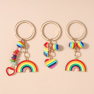 Fashion Zinc Alloy Rainbow Enamel Keychain Cute Heart Turquoise Bead Key Ring Charm For Women Girls Bag Accessories Gift
