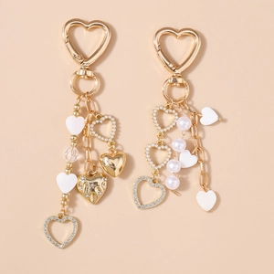 Creative Fashion Zinc Alloy Artificial Pearl Heart Keychain Elegant Rhinestone Bag Charm Pendant For Women Girls Daily Accessory Gift