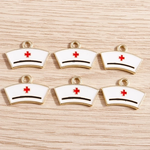 Set of 6 nurse hat enamel charms with red cross and golden alloy finish for DIY jewelry making