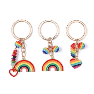 Rainbow alloy keychains with colorful heart and beads on a gold metal ring