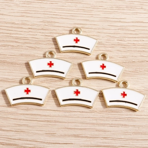 Creative nurse hat alloy pendants with white drip oil and red cross for DIY jewelry