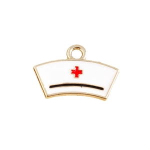 Creative enamel nurse hat charm with red cross and gold trim for DIY jewelry making