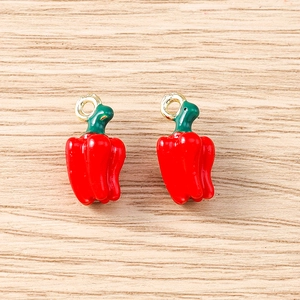 Handmade red chili pepper charms with green stems and gold rings for jewelry DIY