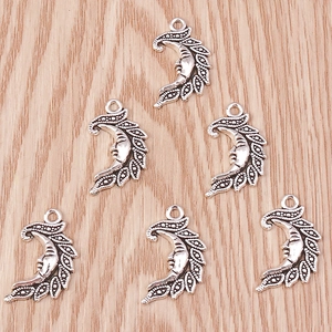 Silver vintage moon face charms with leaf edge detailing for jewelry making, pack of 10