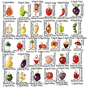 Detailed size chart of assorted enamel fruit and vegetable charms for DIY jewelry making