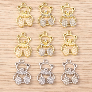 Set of 9 hollow bear jewelry pendants with pearls and rhinestones in gold and silver
