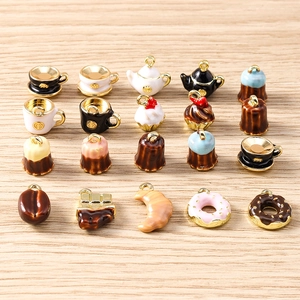 Miniature afternoon tea charms set with enamel teapot and donuts for DIY jewelry making