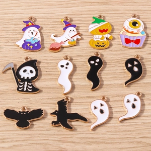 Set of 12 Halloween enamel charms featuring ghosts, pumpkins and death motifs for DIY jewelry