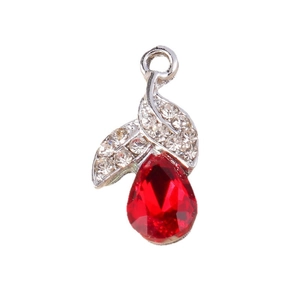 Exquisite red pear-cut crystal flower pendant with silver leaf-shaped diamond accents