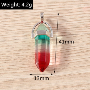 Macro detail of tricolor crystal bullet pendant with dimensions 41mm by 13mm