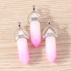 Pink and white gradient hexagonal crystal bullet pendants with silver metal clasps