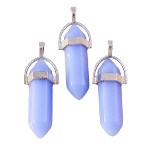 Three hexagonal bullet crystal pendants in light blue and lavender purple with silver bails