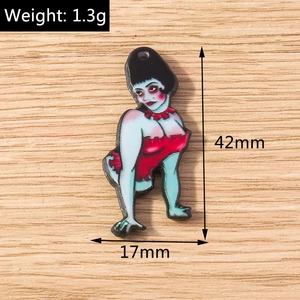Detailed macro view of retro zombie girl charm with dimensions 42mm by 17mm and 1.3g weight
