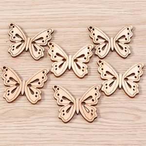Detailed macro view of laser-cut butterfly-shaped wooden buttons for DIY jewelry making
