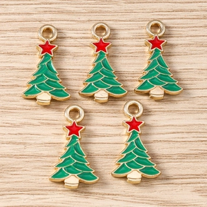Christmas tree charms in green enamel finish with golden metal loop for DIY jewelry making