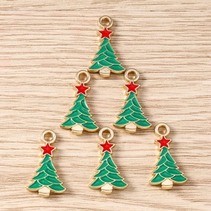 6 pieces of dark green Christmas tree alloy charms with red star for DIY jewelry making