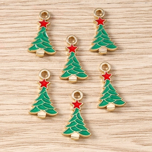 DIY Christmas tree charms in green enamel with red star and gold finish for jewelry