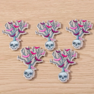 Set of five gothic mermaid skull pendants with pink bats and withered branches for DIY
