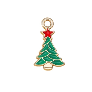 Enamel Christmas tree pendant with gold metal edges and red star for DIY jewelry making