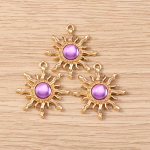 Golden sun-shaped pendant charms with purple rhinestones for DIY jewelry making