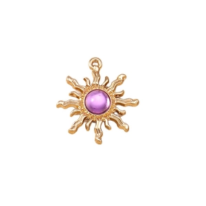 Golden sun pendant with purple gemstone inlay for DIY necklace and bracelet crafting