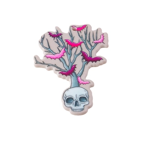 Gothic skull pendant with dead tree branches and colorful bats for Halloween DIY jewelry