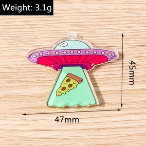 Detailed view of UFO acrylic pendant with pizza beam, measuring 45mm by 47mm