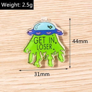 Detail view of acrylic UFO alien pendant with Get In Loser text and vibrant green color