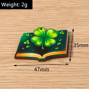 Detailed view of shamrock pattern wooden book charm with 47mm x 35mm size specifications