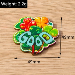 Detailed view of lucky clover wood charm with GOOD text, size 49mm and weight 2.2g