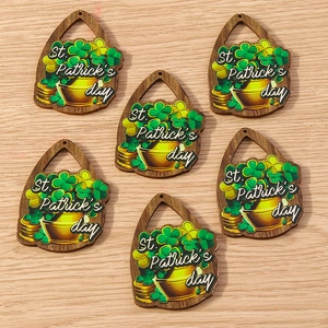Set of 6 St. Patrick's Day wooden pendants with green clover and gold coin designs