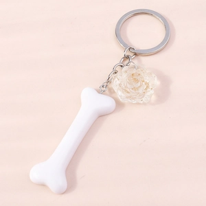 Cute white bone and gold foil resin rose keychain pendant with silver metal ring