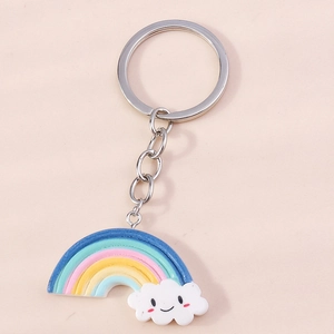 Detail of cute rainbow and smiling white cloud keychain with a silver metal ring