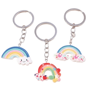 Three-piece rainbow cloud keychain set with smiling faces and silver metal rings