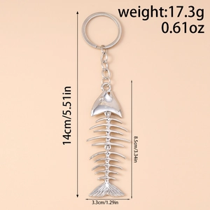 Polished silver metal fish bone keychain showing detailed dimensions and measurements