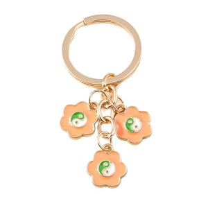 Portachiavi creativo stile cinese con anello dorato e ciondoli a fiore tai chi arancioni