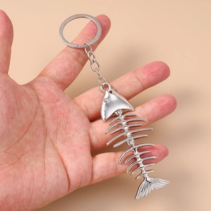 Creative silver metal fish bone keychain with polished finish and keyring for bags