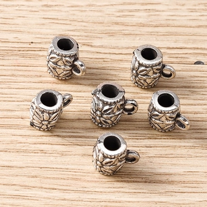 Vintage silver alloy teacup beads with floral relief patterns for DIY jewelry making