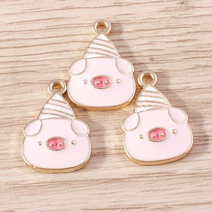 Set of 3 cute pink enamel pig pendants with party hats for DIY jewelry and keychains