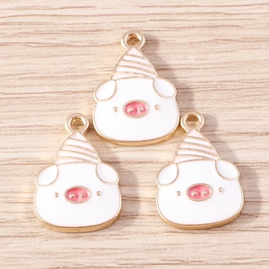 Set of 3 cartoon pig alloy charms with pink hats and golden hooks for DIY jewelry projects