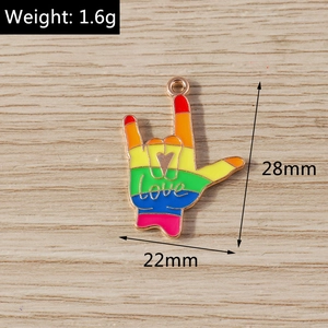 Detail of 28mm rainbow enamel hand gesture pendant with love script for DIY jewelry