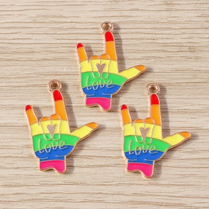 Rainbow enamel I Love You gesture pendant charms with love engraving in rose gold finish