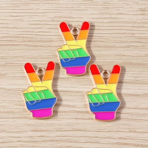 Rainbow peace sign hand charms for DIY jewelry making with gold-plated metal finish