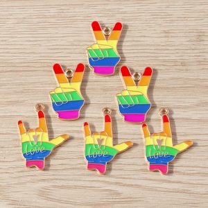 Rainbow enamel V-sign and love gesture charms with gold plating for DIY jewelry making