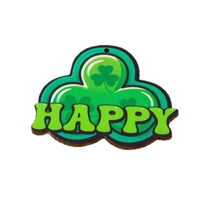 St. Patrick's Day wooden shamrock pendant with Happy text and green clover pattern