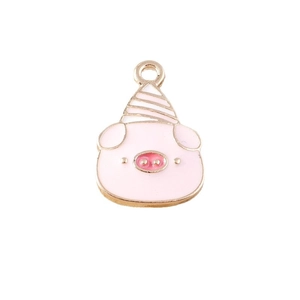 Pink cartoon unicorn pig pendant charm with golden metal border and enamel finish